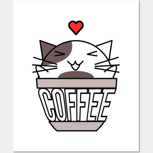 Happy cat in coffee cup with warped text heart on head brown Posters and Art